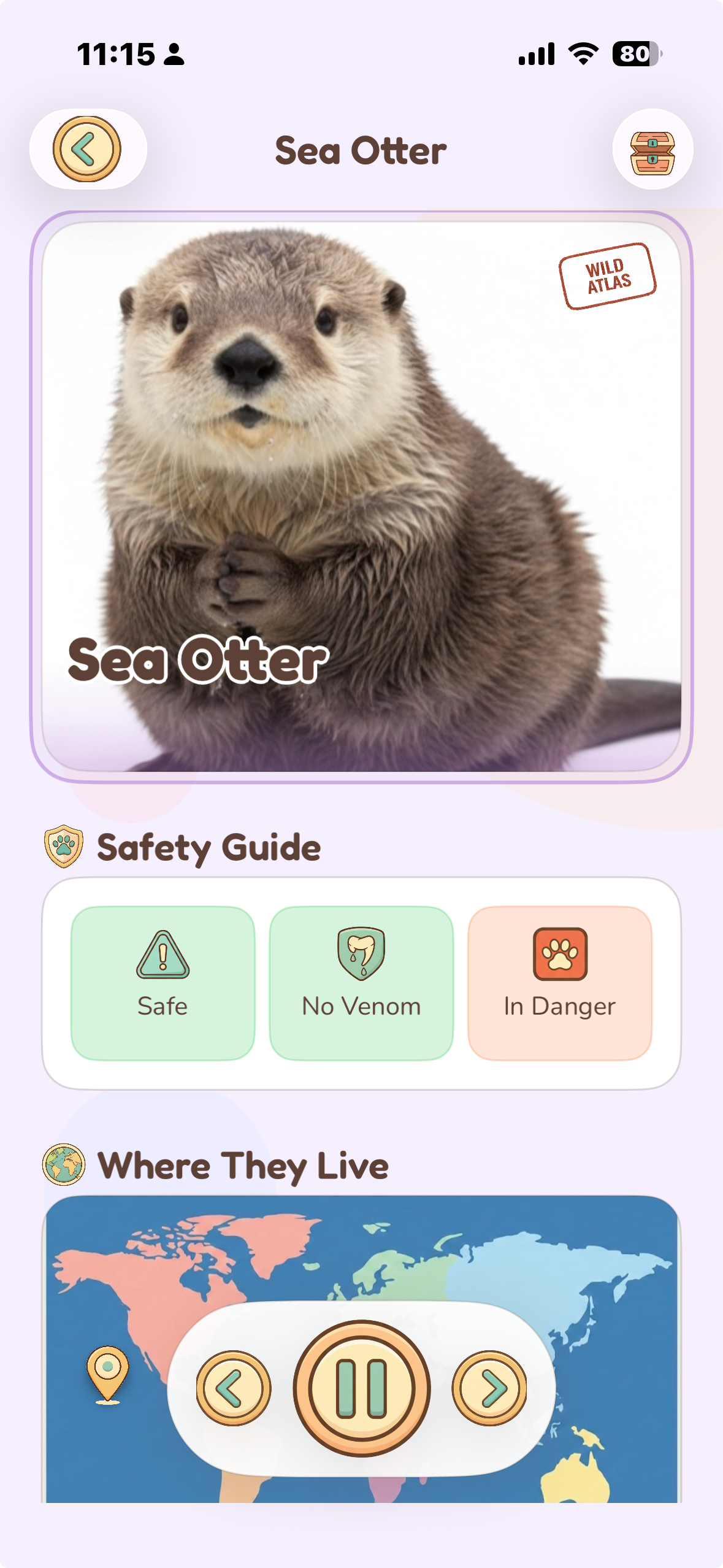 Wild Atlas Conservation Status guide — tap any animal's status badge to see what it means