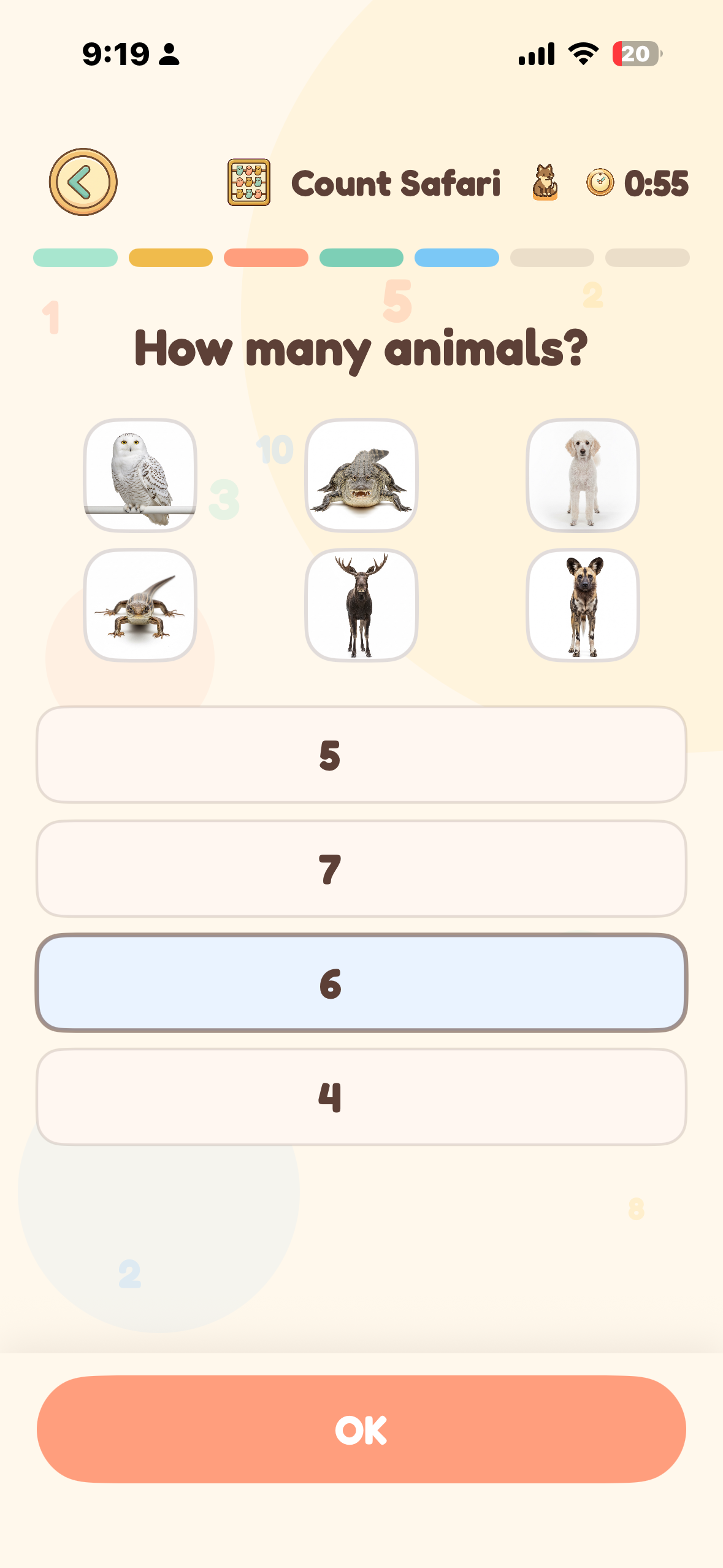 Easy mode: 8 animals, correct answer selected — Yes! There are 8 animals.