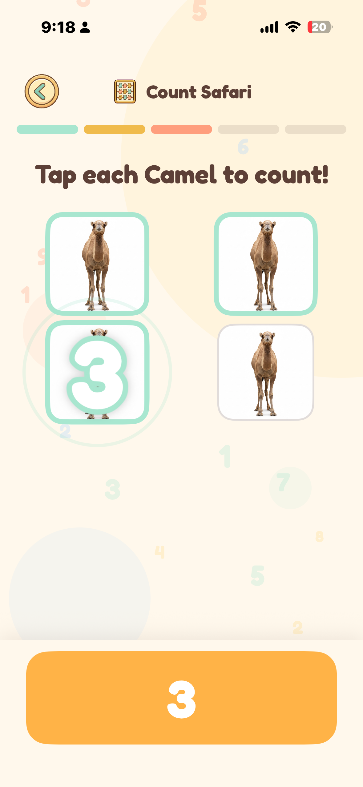 Learn Numbers mode: tapping camels, count showing 3