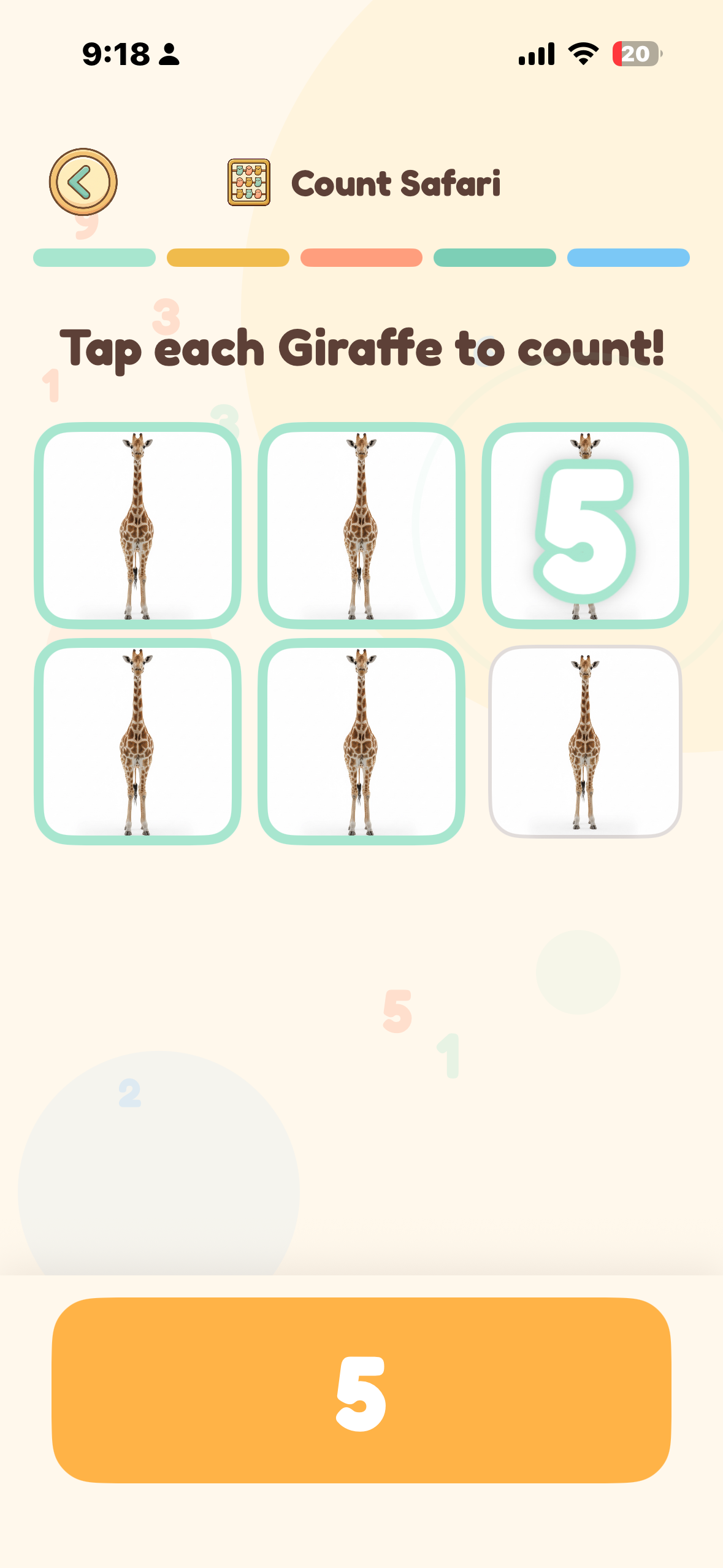 Learn Numbers mode: 6 giraffes, number 5 revealed