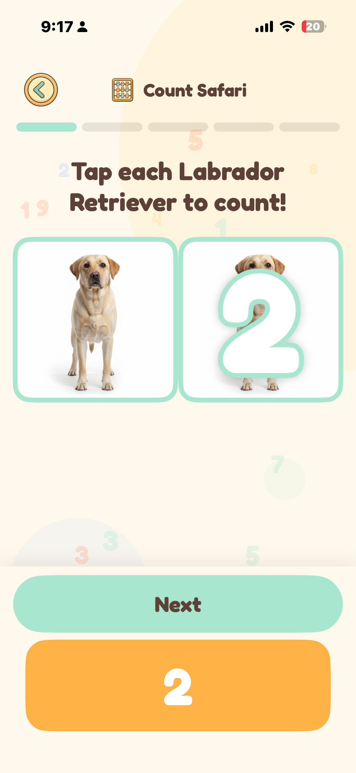 Learn Numbers: tap each Labrador to count — number 2 shown