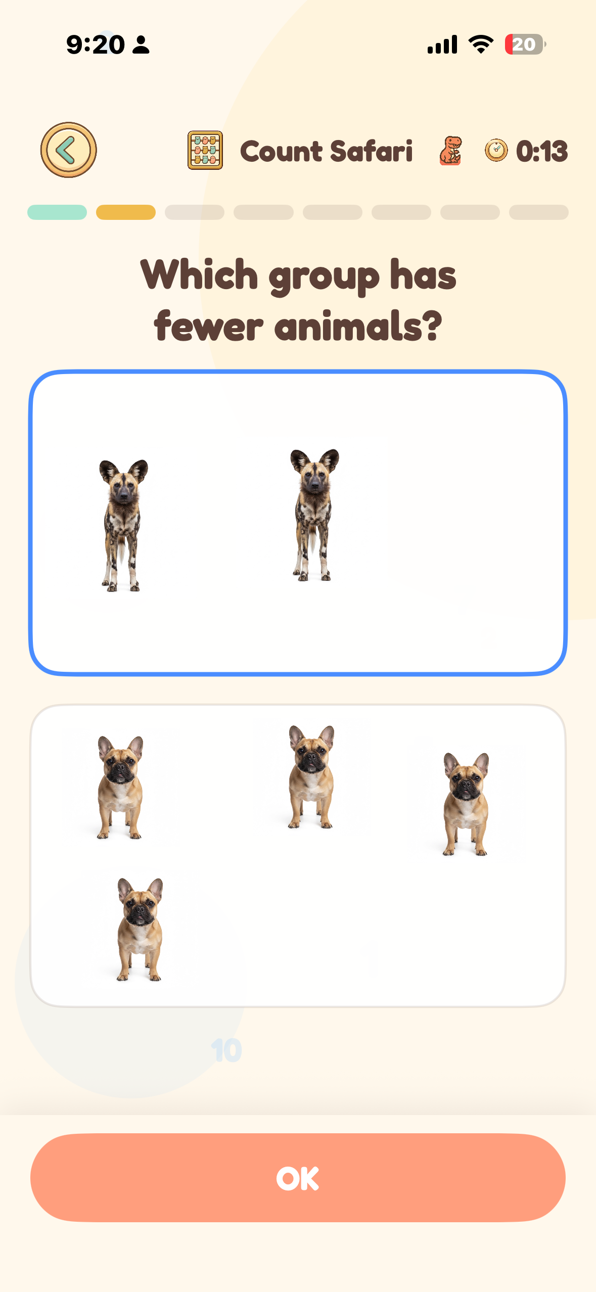 Medium mode: Which group has fewer? 2 wild dogs vs 4 french bulldogs