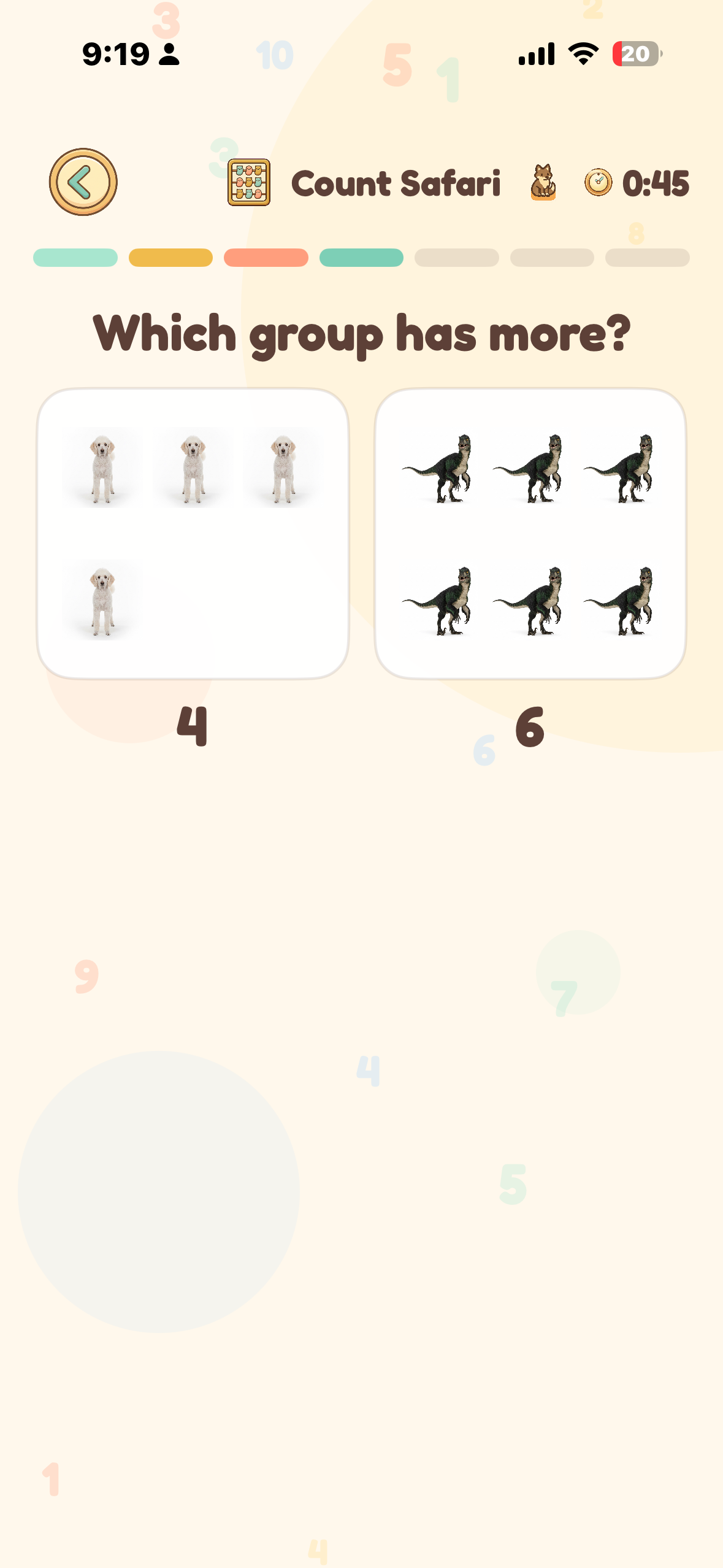 Medium mode: Which group has more? 4 dogs vs 6 dinosaurs