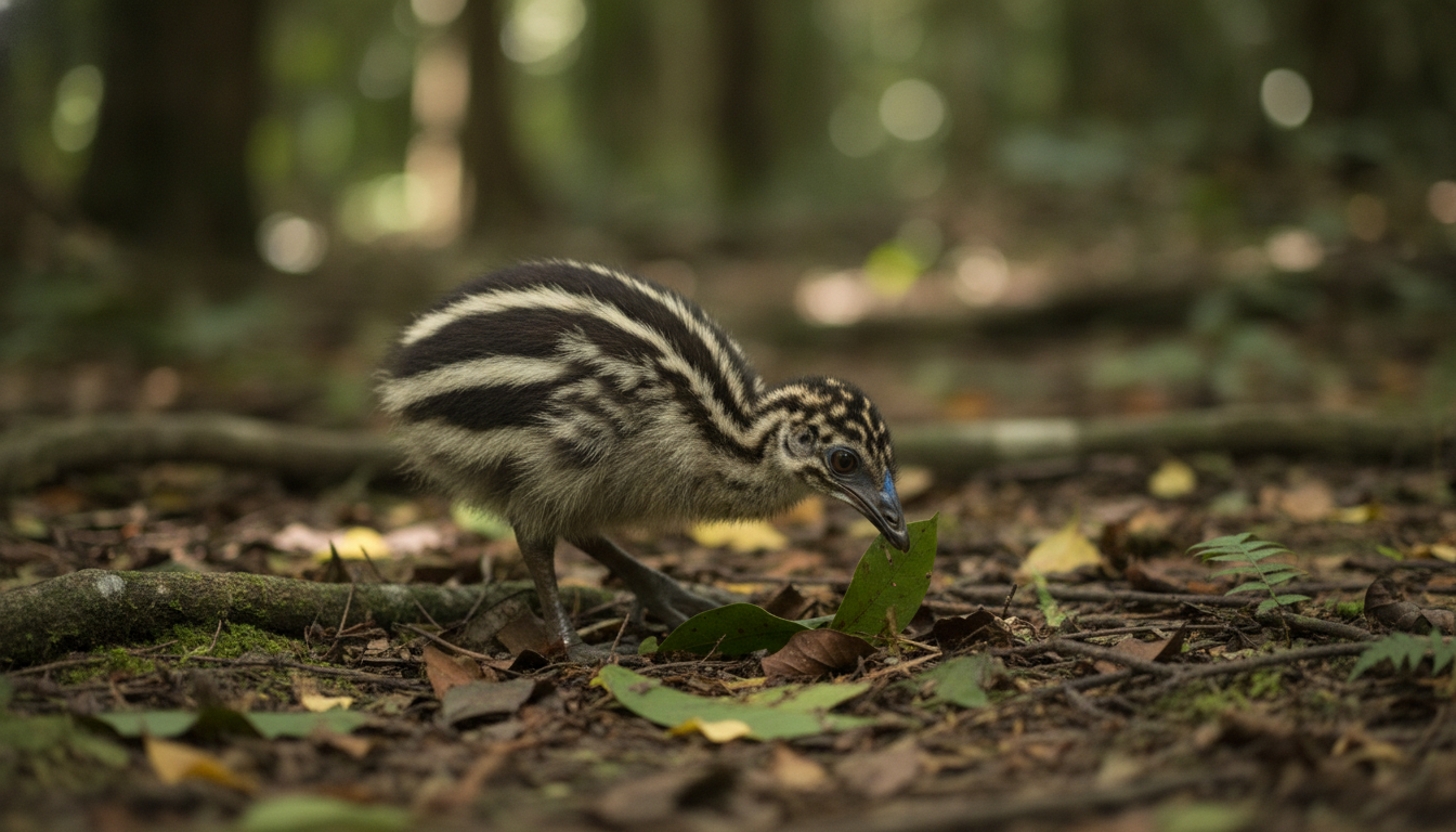 Cassowary chick — striped and already formidable