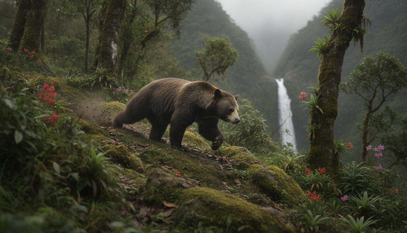 Spectacled bear in action — climbing, foraging, being a spectacled bear