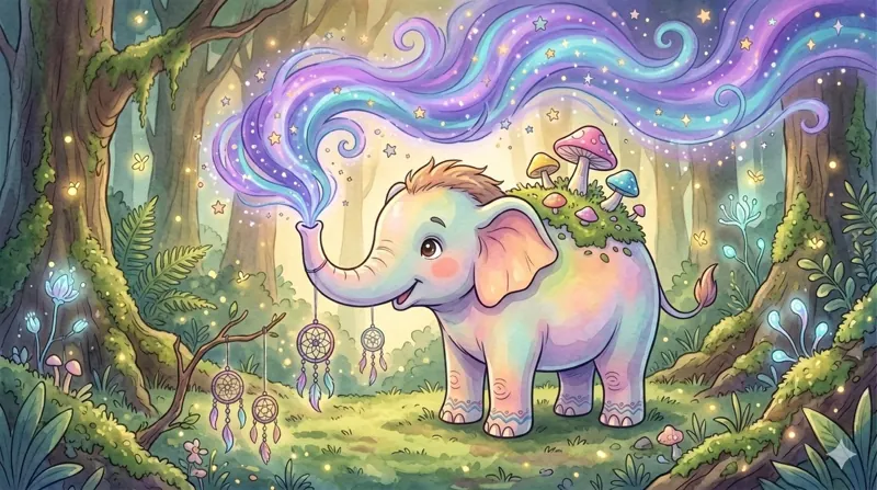 A pastel, elephant-like Baku breathing a swirl of dreams in a forest.