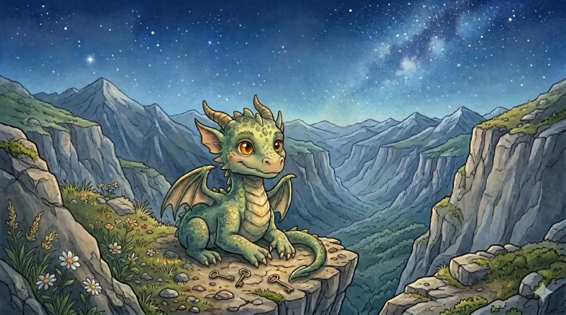 A small green dragon on a mountain ledge under a starry sky.