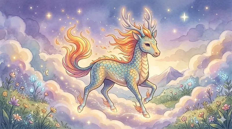 A Kirin, a scaled, deer-like creature with a flame-colored mane, walking on clouds.