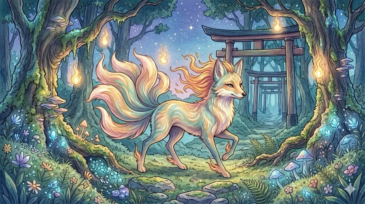 A nine-tailed fox walking past a red torii gate in a glowing storybook forest.