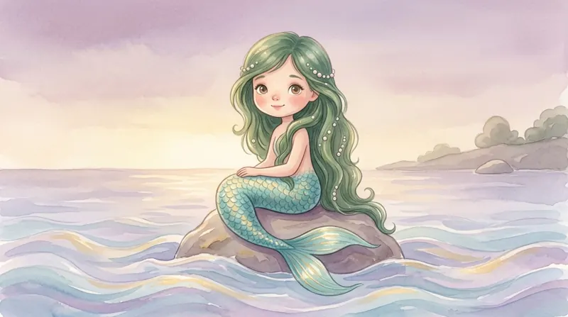 A green-haired mermaid sitting on a rock in a calm sea.