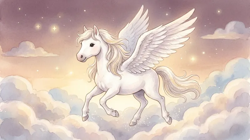 Pegasus, a white winged horse, galloping over the clouds.