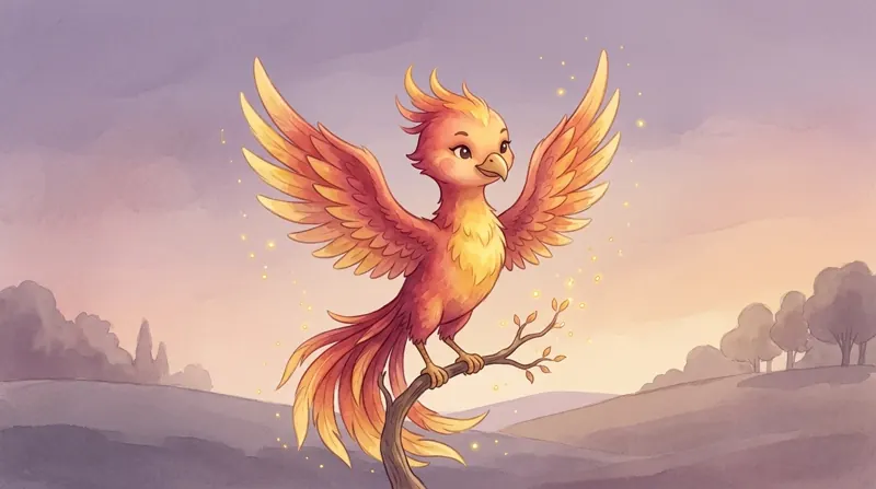 A red and gold phoenix perched on a branch.