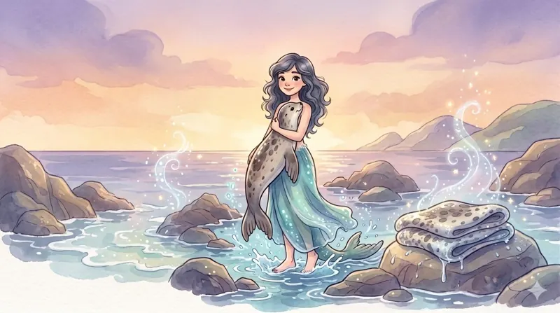 A selkie standing in the shallows, holding a seal, beside a folded sealskin.