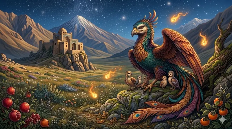 A Simurgh, a great bird with brown and green feathers, beside a mountain castle.