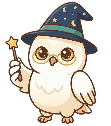 The Stargazer, a snow owl wearing round spectacles and a starry wizard hat.