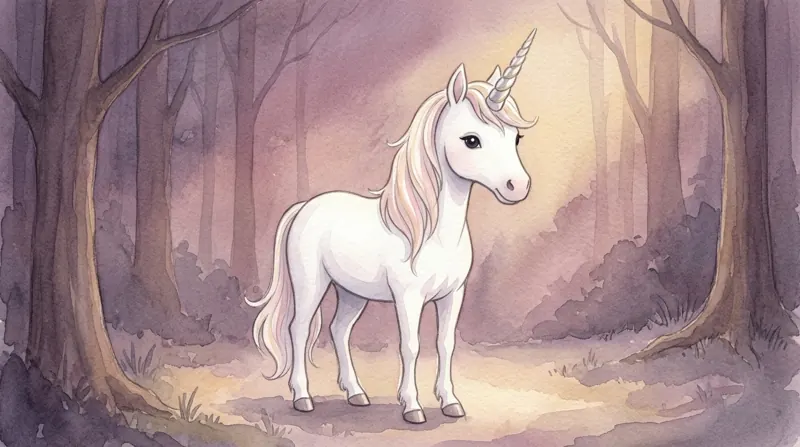 A white unicorn in a misty forest.
