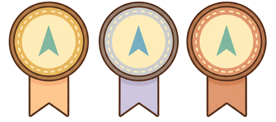Gold, silver and bronze Young Explorer badges