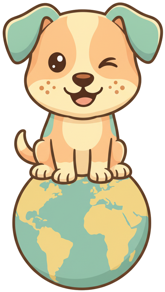 Wild Atlas mascot pup sitting on a globe