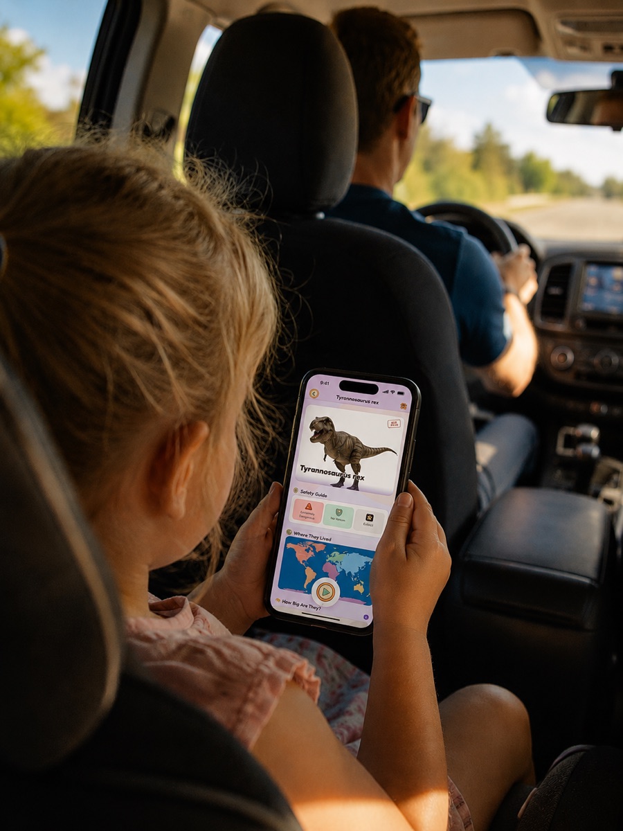 A child exploring a dinosaur on Wild Atlas during a car ride