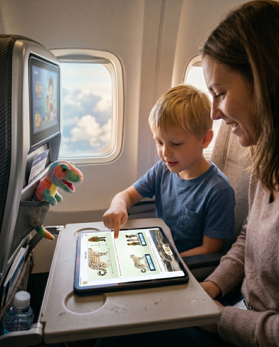 A child and parent reading animal facts on Wild Atlas on a flight