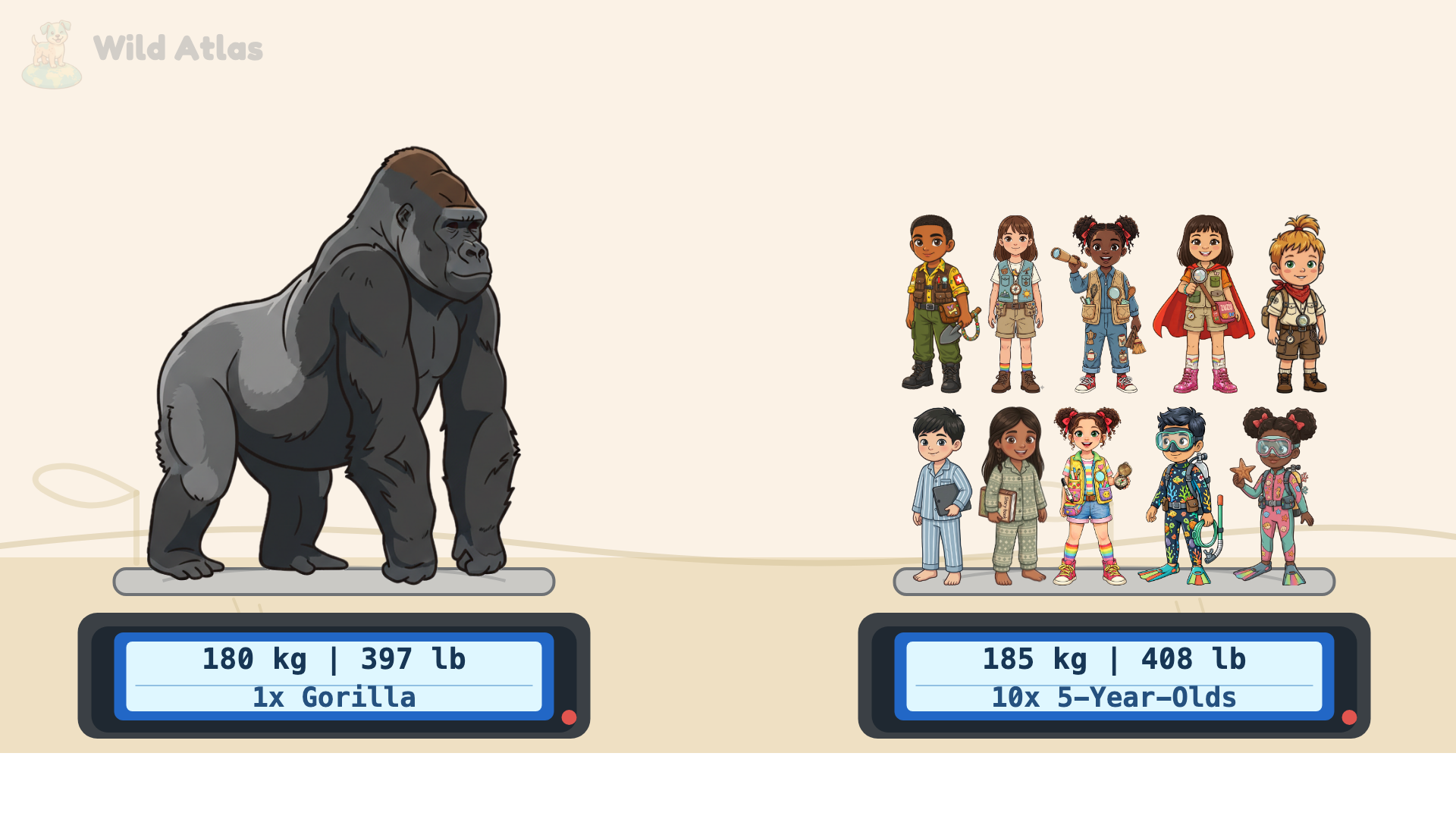 Gorilla weight comparison — 1 gorilla weighs as much as 10 five-year-olds
